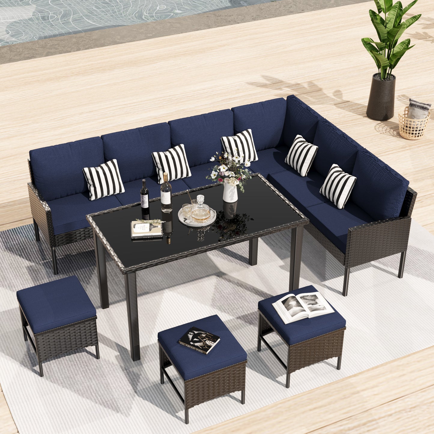 Small Space Patio Furniture 7-piece Outdoor Furniture Set, Backyard Furniture Set, Waterproof Seat Cushion, Glass Table, Space Saving, Suitable For Backyard, Terrace Or Garden,Dark Blue