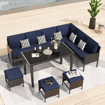 Small Space Patio Furniture 7-piece Outdoor Furniture Set, Backyard Furniture Set, Waterproof Seat Cushion, Glass Table, Space Saving, Suitable For Backyard, Terrace Or Garden,Dark Blue