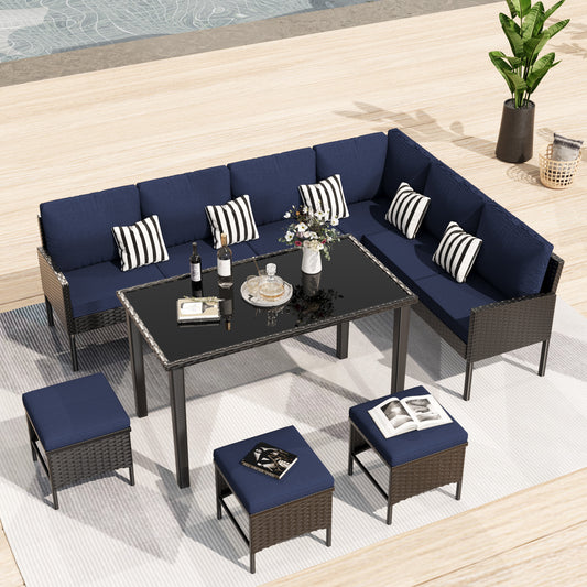 Small Space Patio Furniture 7-piece Outdoor Furniture Set, Backyard Furniture Set, Waterproof Seat Cushion, Glass Table, Space Saving, Suitable For Backyard, Terrace Or Garden,Dark Blue