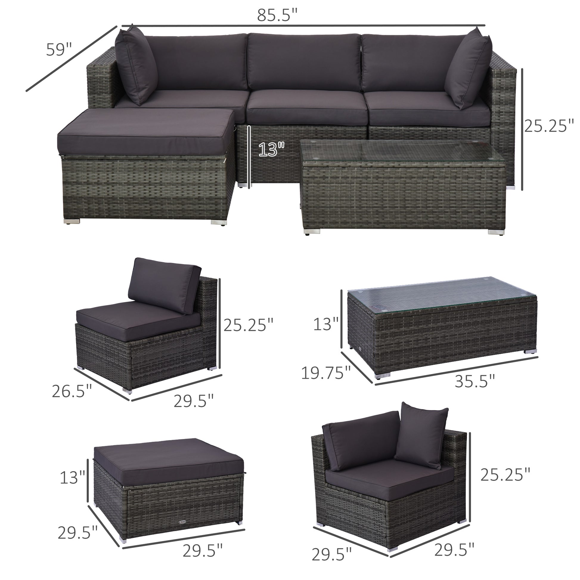 5-Piece Outdoor Sectional Furniture, Patio Sofa Set, PE Wicker Couch, Cushions, Pillows, Ottoman, Table, Charcoal