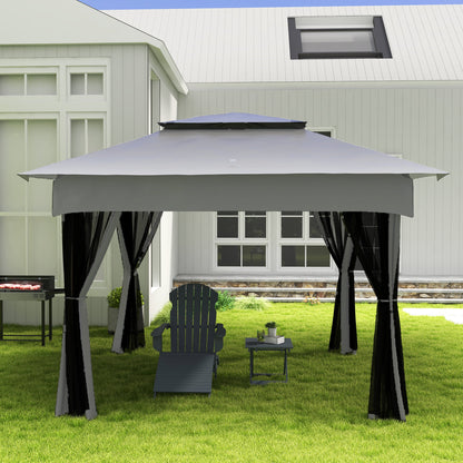 11x11 Canopy Gazebo, Portable Outdoor Patio Shelter with Zipper Mesh Privacy Netting, Carry Bag Included, for Family Use, Light Gray