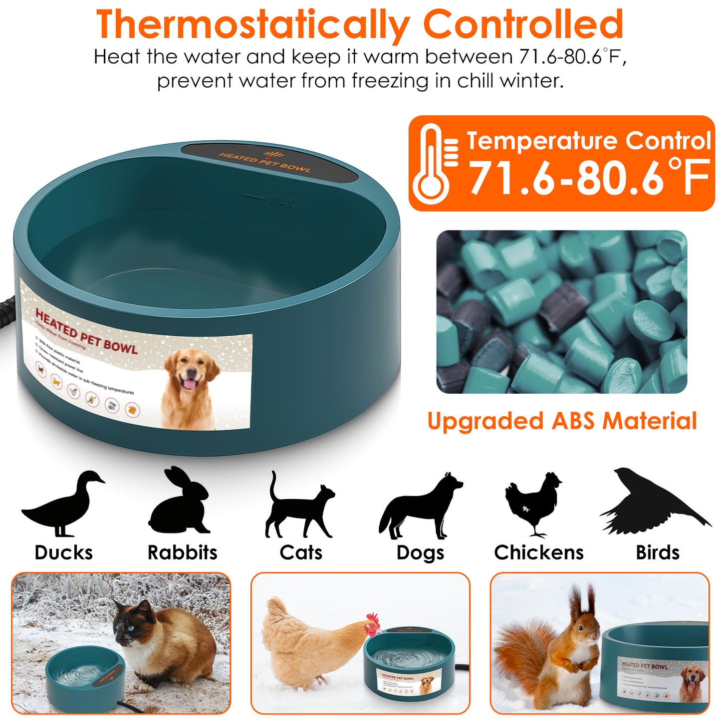 1Pc Heated Water Bowl For Dog Cat 74.4OZ Heating Water Dish IP67 Waterproof Thermal Water Bowl Heated Pet Bowl Dog Cat Water Feeder Bowl For Dog Cat Rabbit Pet
