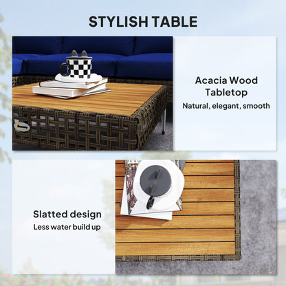 7 Piece Wicker Patio Furniture Set, Modular Outdoor Sectional with Thickened Cushions, Acacia Wood Table, Brown/Blue