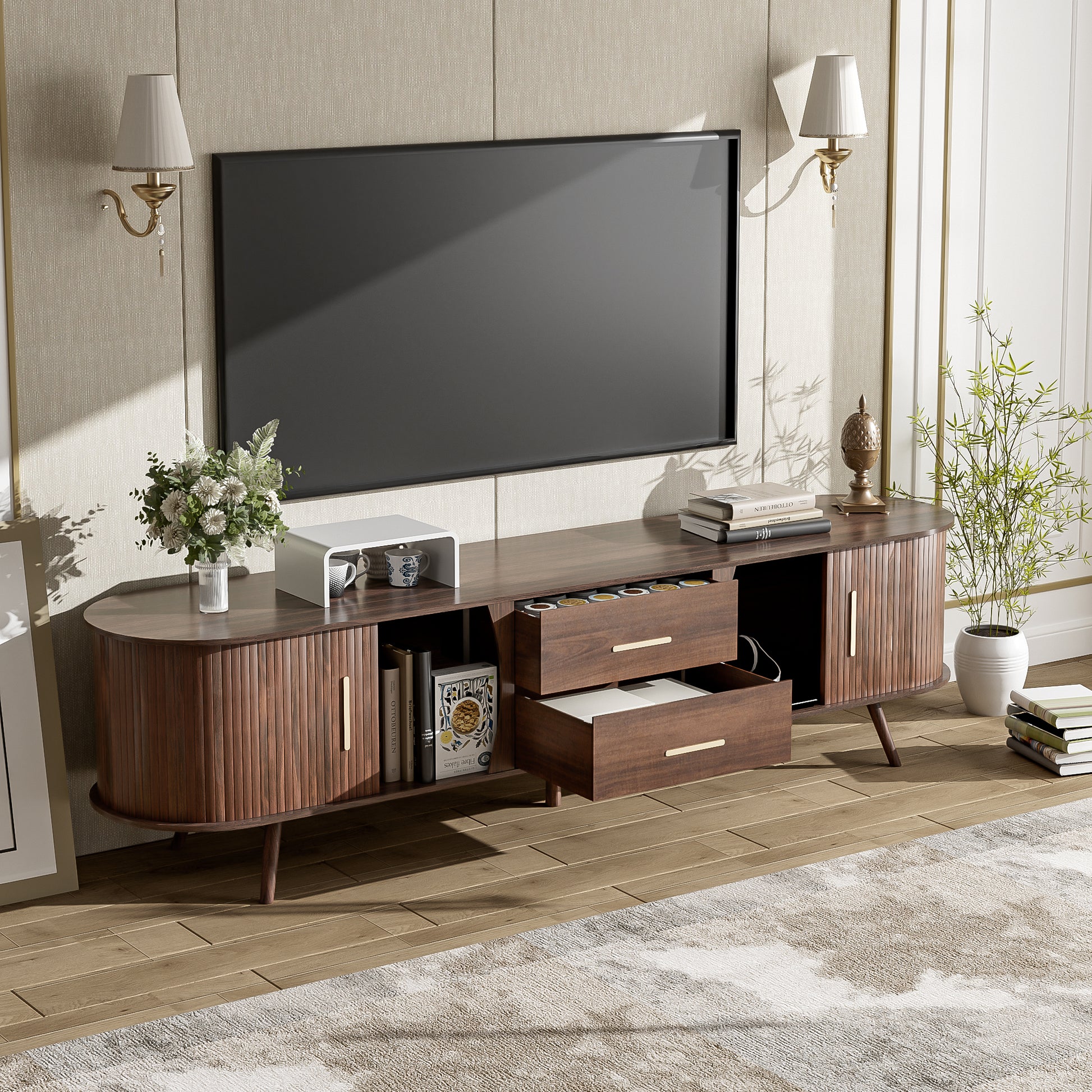 Mid-Century Modern TV Stand For 80  TV, Entertainment Center With Storage For Living Room, Bedroom, Media Console Table With 2 Drawers
