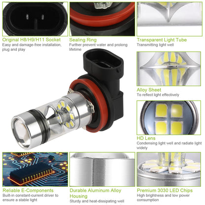 2PCS H8-H9-H11 LED Fog DRL Light Bulb IP65 Water-Resistant 360 Degree Beam Angle 6000K White